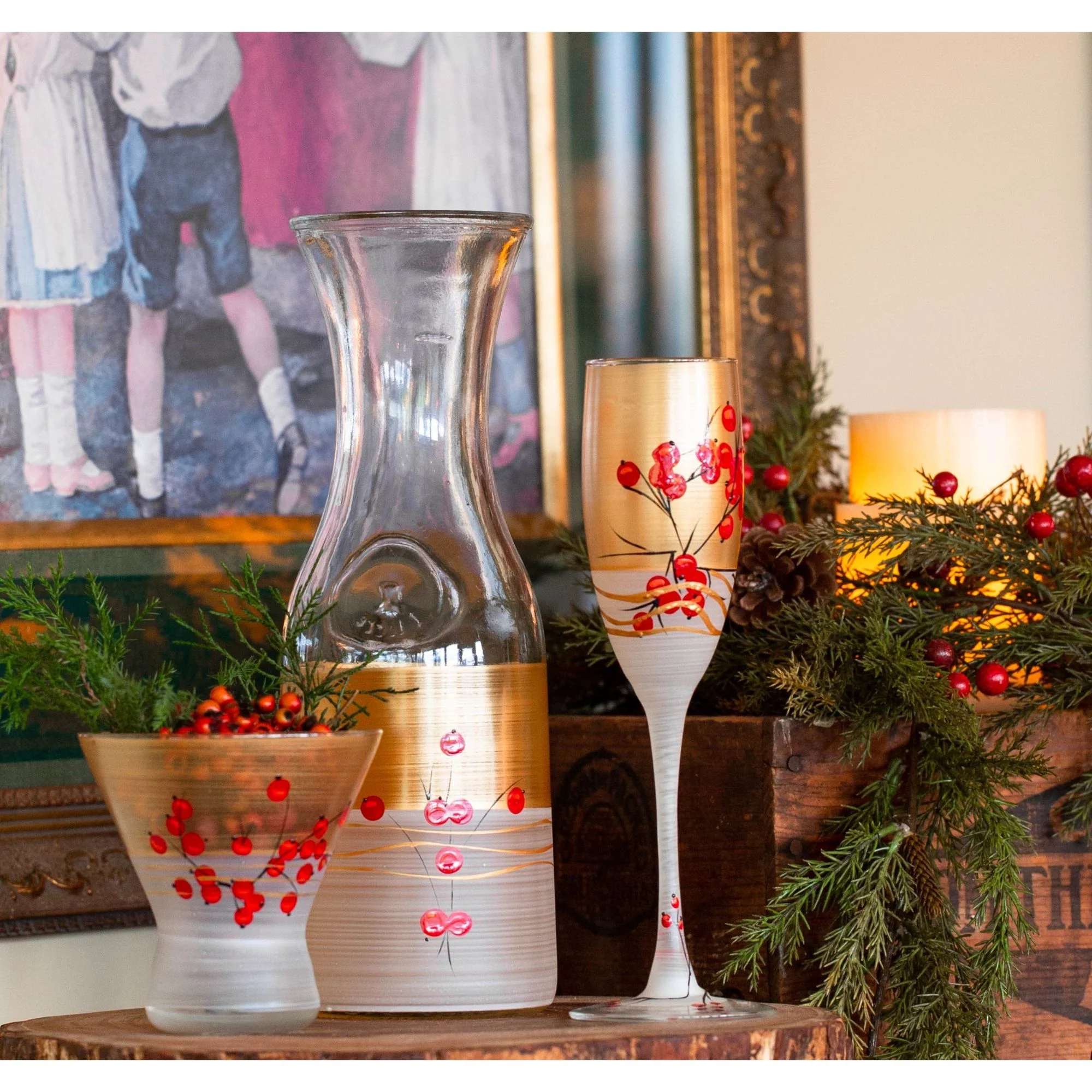 Crafted Creations Gold and Red Berries Hand Painted Frosted Glass Serving Carafe 34 oz.
