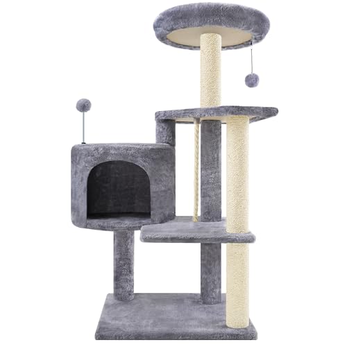 TINWEIUS Multifunctional Cat Tree for Indor Cats, Cat Tower with Cozy Condo, Perches, Scratching Posts and Hanging Rope, Grey