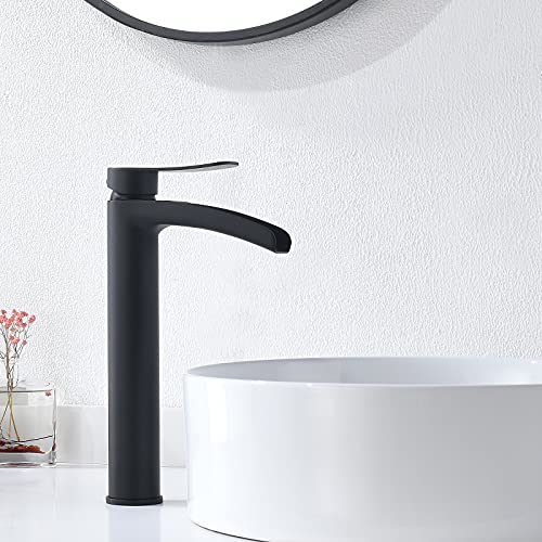Phiestina Brushed Gold Tall Bathroom Vessel Sink Faucet, Single Hole Single Handle Waterfall Modern Bathroom Faucet, with Pop Up Drain and Water Supply Line, NS-SF01-BG-V