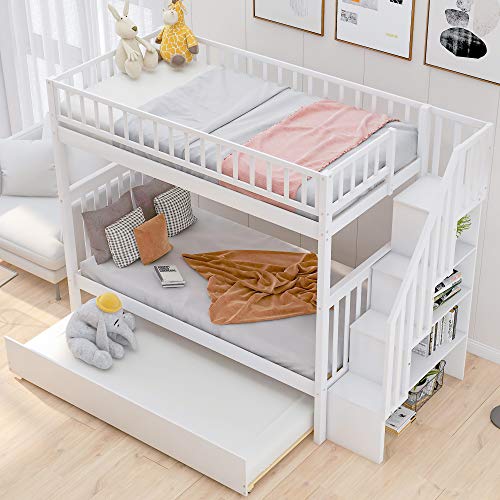 Twin-Over-Twin Bunk Bed with Trundle and Storage Staircase, Solid Wood 3 in 1 Twin Size Stairway Bunk Bed with Trundle, White