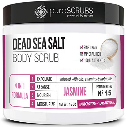 pureSCRUBS Premium Eucalyptus Body Scrub Set - Large 16oz Dead Sea Salt Body Scrub With Infused Essential Oils & Nutrients, Includes Wooden Spoon, Loofah & Oatmeal Exfoliating Bar Soap