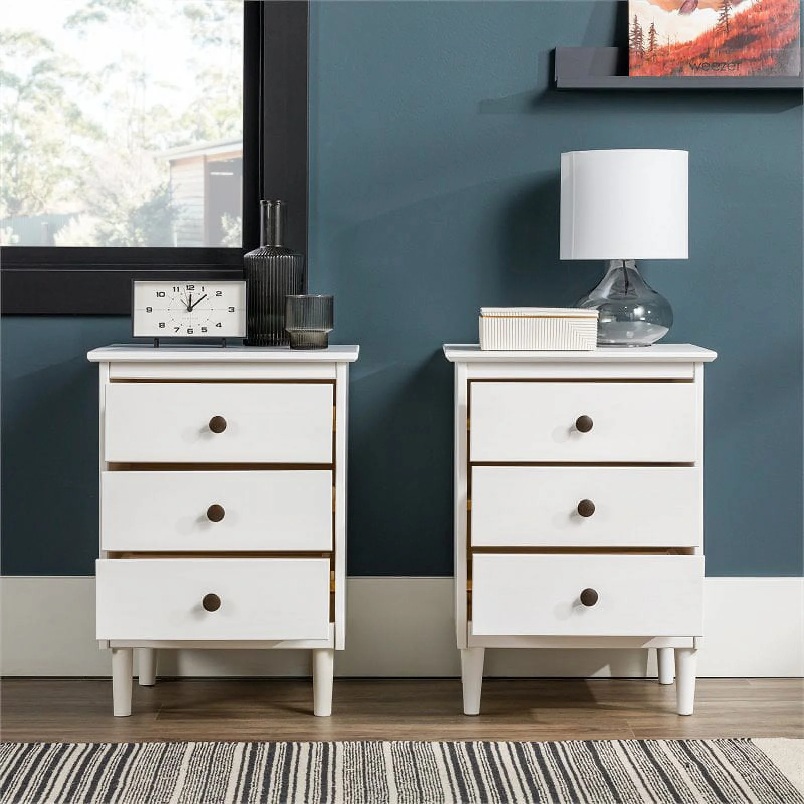 Pemberly Row Mid-Century Solid Wood Bedroom Nightstand in White (Set of 2)