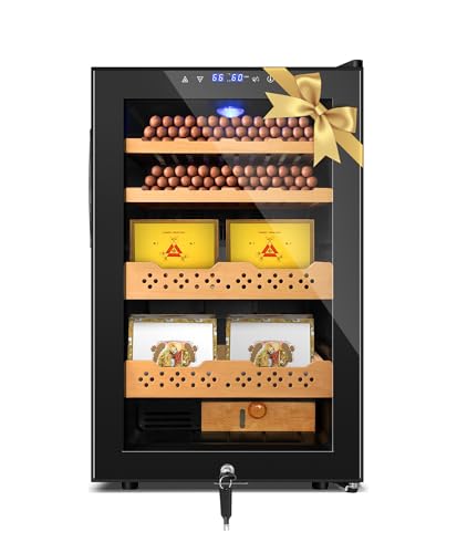 Electric Cooler Cabinet, Desktop Humidor Cabinet 70L with Temperature and Humidity Digit Control, Spanish Wood Shelves for Home Office Gift, 400 Counts Capacity