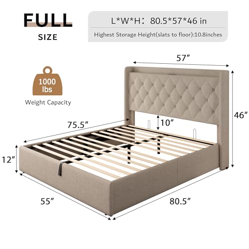 iPormis Full Size Lift Up Storage Bed Frame with Charging Station, Upholstered Platform Bed Frame with Tufted Headboard, Hydraulic Storage, No Box Spring Needed, Noise-Free, Easy Assembly, Beige