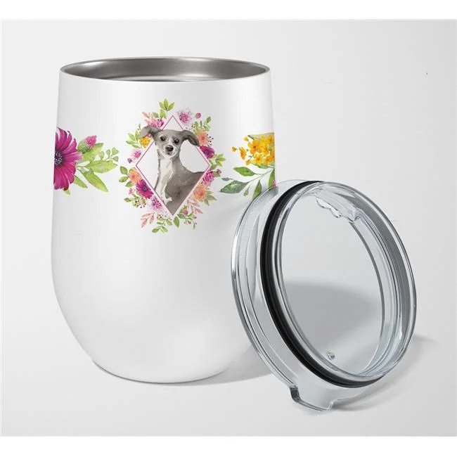 12 oz Italian Greyhound Pink Flowers Stainless Steel Stemless Wine Glass