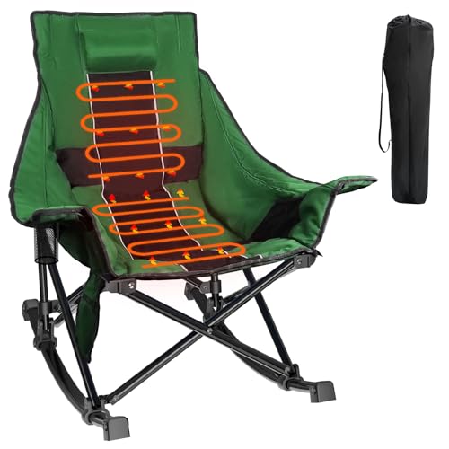 Slendor Oversized Rocking Camping Chair, Heated Camping Chair with 3 Heat Levels, Portable Outdoor Rocker Chair, Padded, High Back, Pillow, Carry Bag, Support 330lbs, Khaki