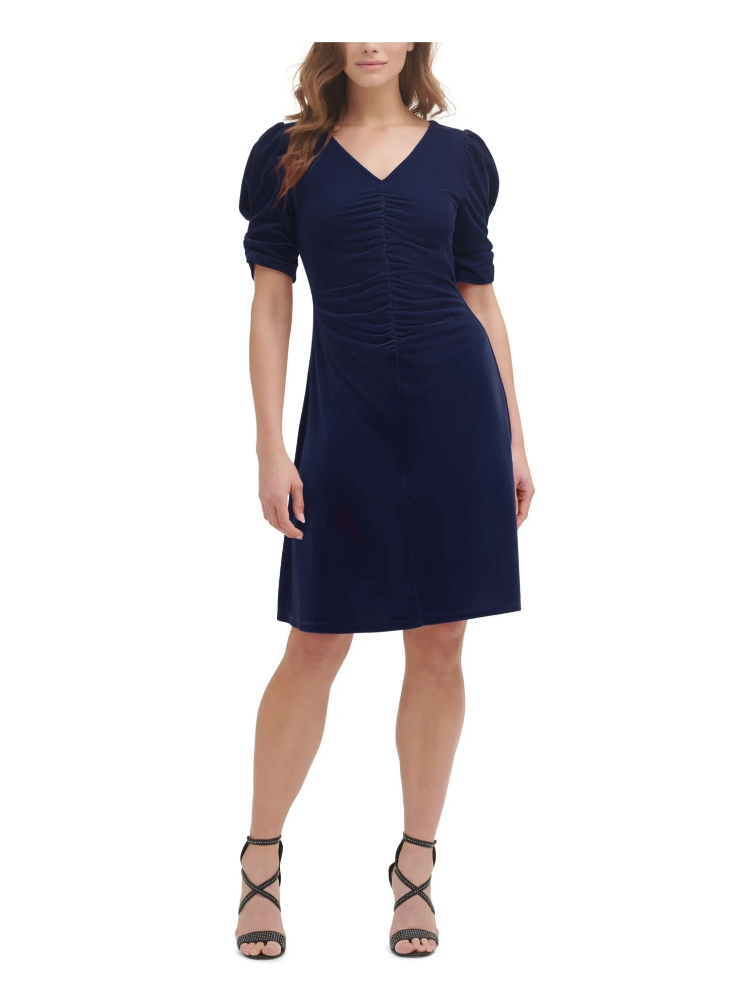 DKNY Womens Navy Ruched Zippered Velvet Textured Pouf Sleeve V Neck Knee Length Party Sheath Dress 10