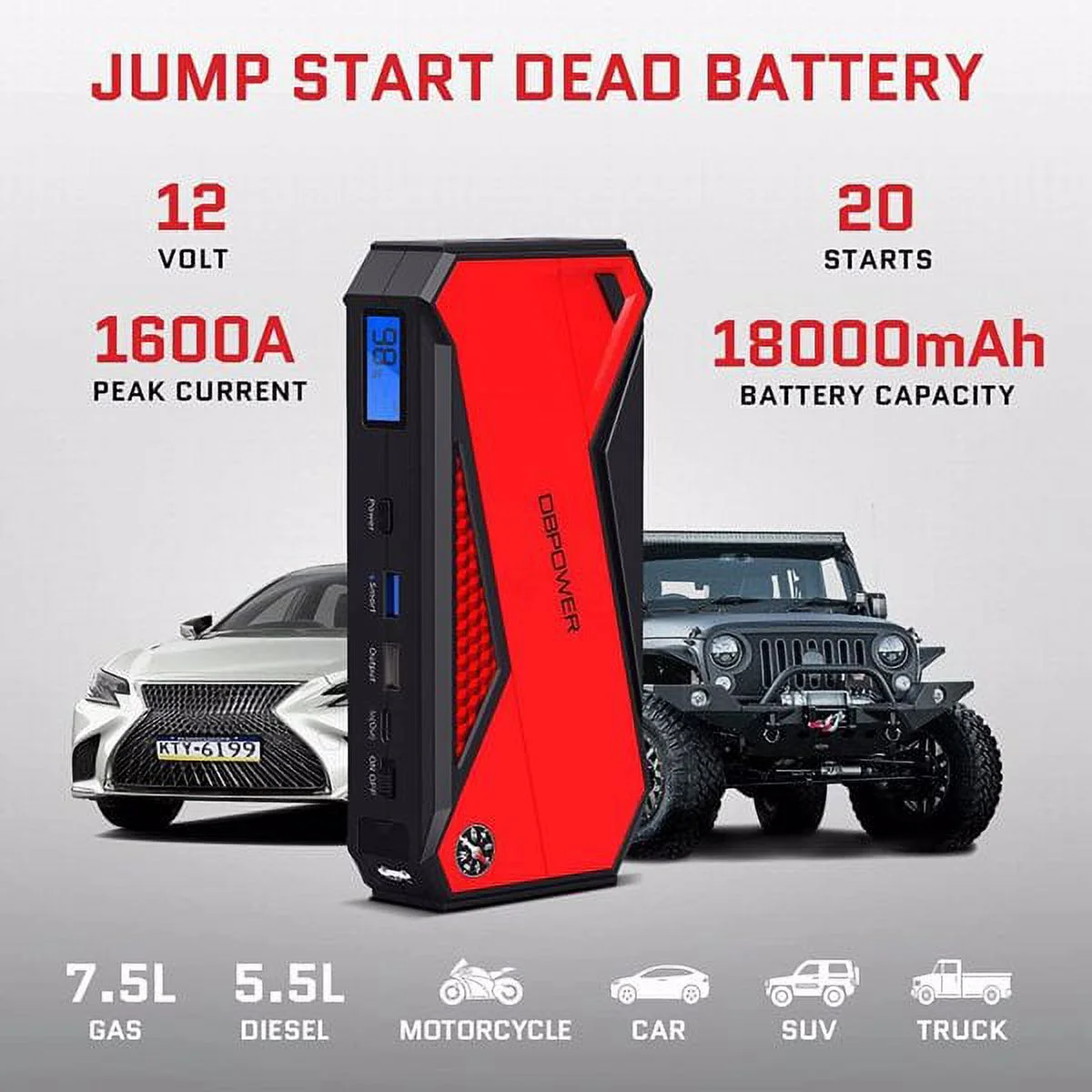 DBPOWER Peak 1600A 18000mAh Car Battery Jump Starter, up to 7.2 Gas, 5.5L Diesel Engines, Portable Battery Booster with Smart Charging Port, LCD Display, Intelligent Jumper Clamps, DJS90, Red Black