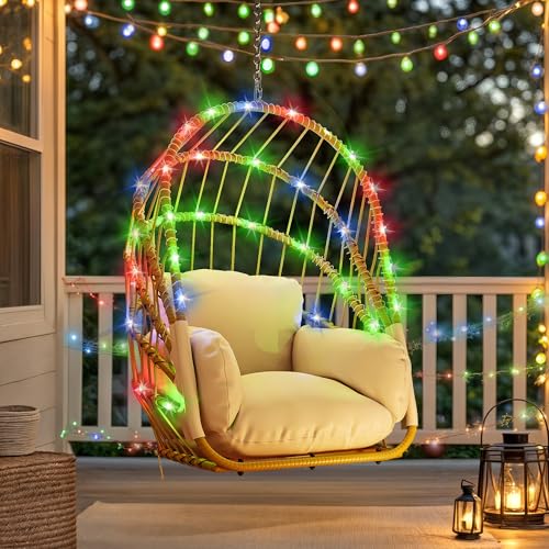 YITAHOME Hanging Egg Chair Without Stand, Rattan Wicker Swing Egg Chair with Light String & Resistant Cushion, 300lbs Capacity, Foldable Hanging Basket Chair for Porch, Garden, Balcony - Beige