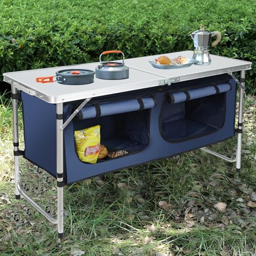 Camping Table, Folding Camping Table with Storage, Portable Kitchen Table, Lightweight, 3 Heights Adjustable Camping Furniture for BBQ, Picnic, Camping, Hiking, Beach, and Indoor