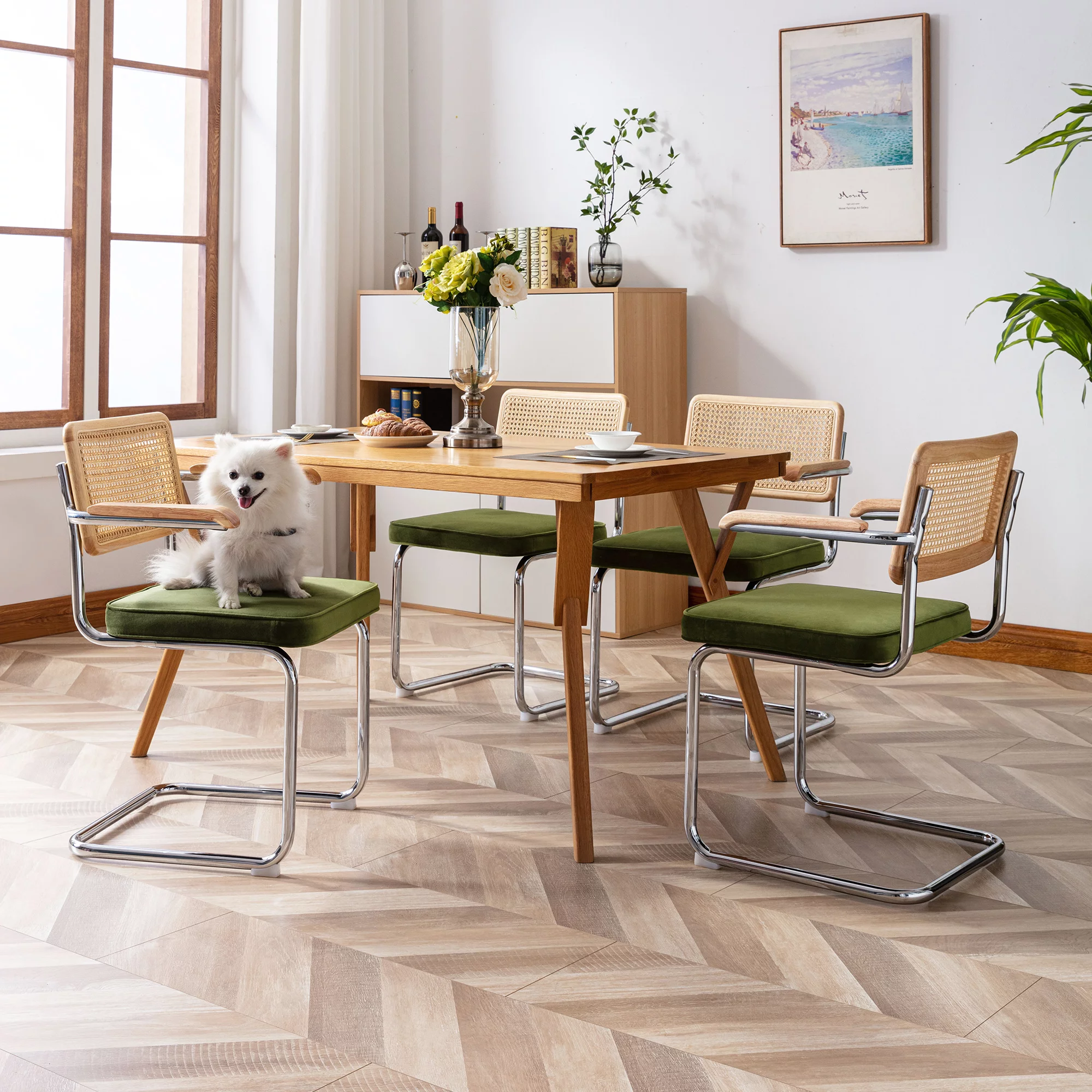 Zesthouse Mid-Century Modern Rattan Dining Chairs Set of 2, Velvet Upholstered Kitchen Arm Chair with Cane Back and Chrome Legs, Green