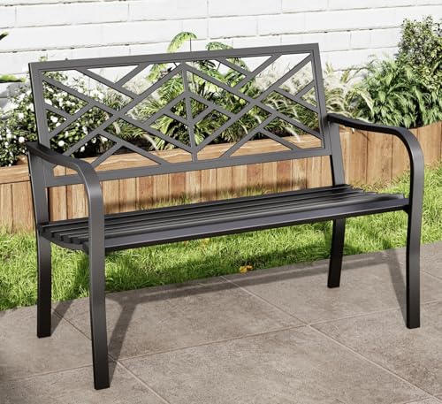 MFSTUDIO 43.7 Inches Outdoor Garden Bench, Cast Iron Metal Frame Patio Park Outside Benches with Geometric Pattern Backrest for Front Porch, Black