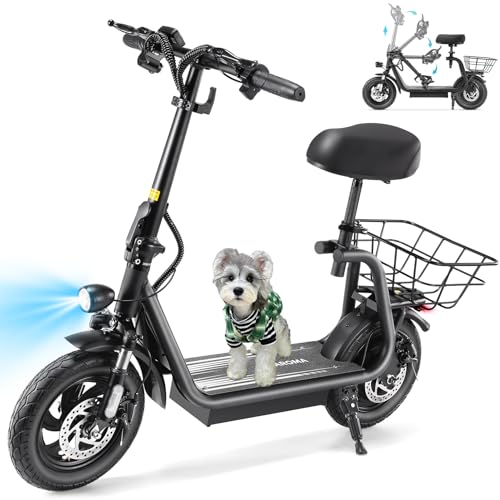 Caroma Electric Scooter with Seat,1200W Peak Motor,LED Display & 3 Speed Modes,30 Miles Max Range,Height Adjustable Seat & Foldable Electric Scooter with Basket,Front Suspension & Storage Hook