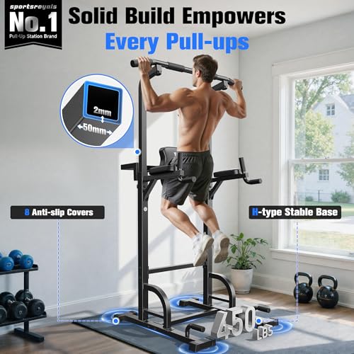 Sportsroyals Pull Up Bar Dip Station Power Tower Assistive Trainer Multi-Function Home Gym Strength Training Fitness Equipment 450LBS