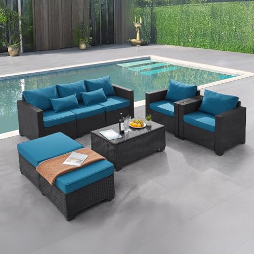 6 Pieces Outdoor Patio Furniture Sets with Furniture Cover, PE Rattan Wicker Patio Conversation Set with Tea Table (Peacock Blue, Rattan Storage Table)