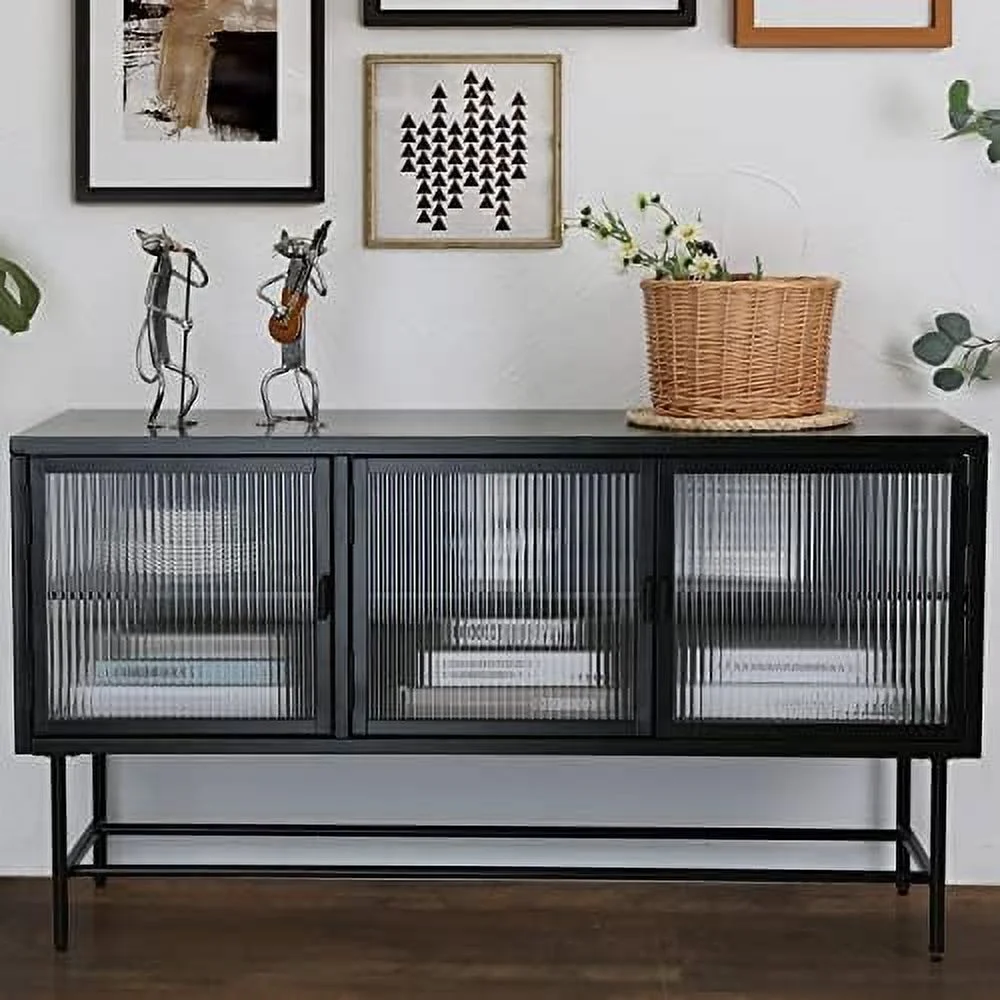 TJUNBOLIFE Modern Metal Glass TV Stand for 55" TV Floor Standing Media Console Table with 3-Door & 6 Shelves Fluted Tempered Glass Entertainment Center Organizer for Living Room B