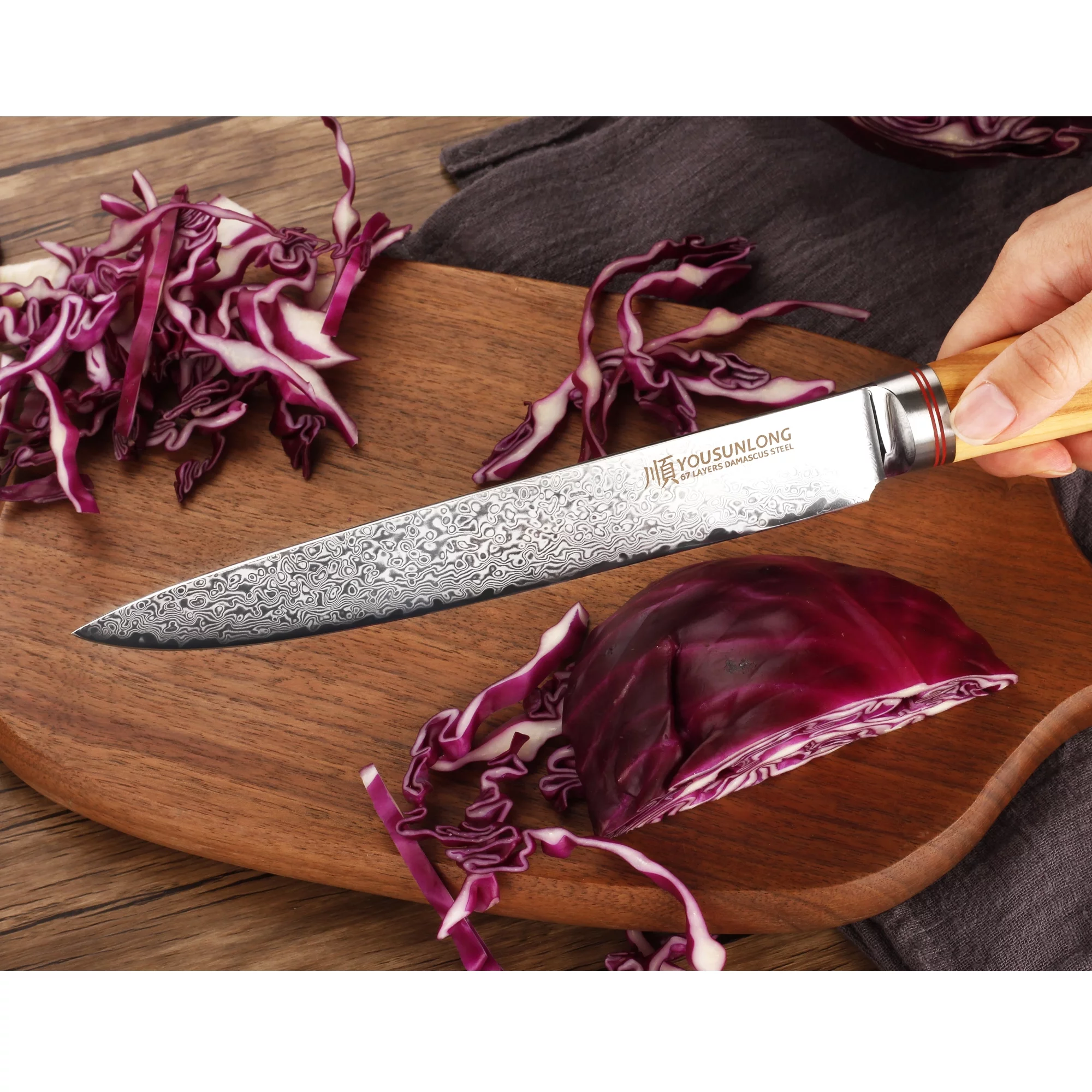 YOUSUNLONG Carving knife 8 Inch - Damascus Steel and Italian Olive Wood Fillet Knife