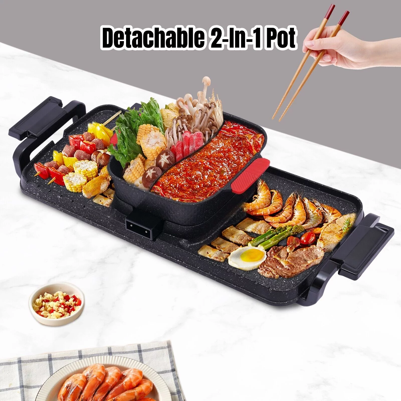 Denest Electric 2 in 1 Hot Pot BBQ Oven Smokeless Barbecue Pan Grill Hotpot Machine