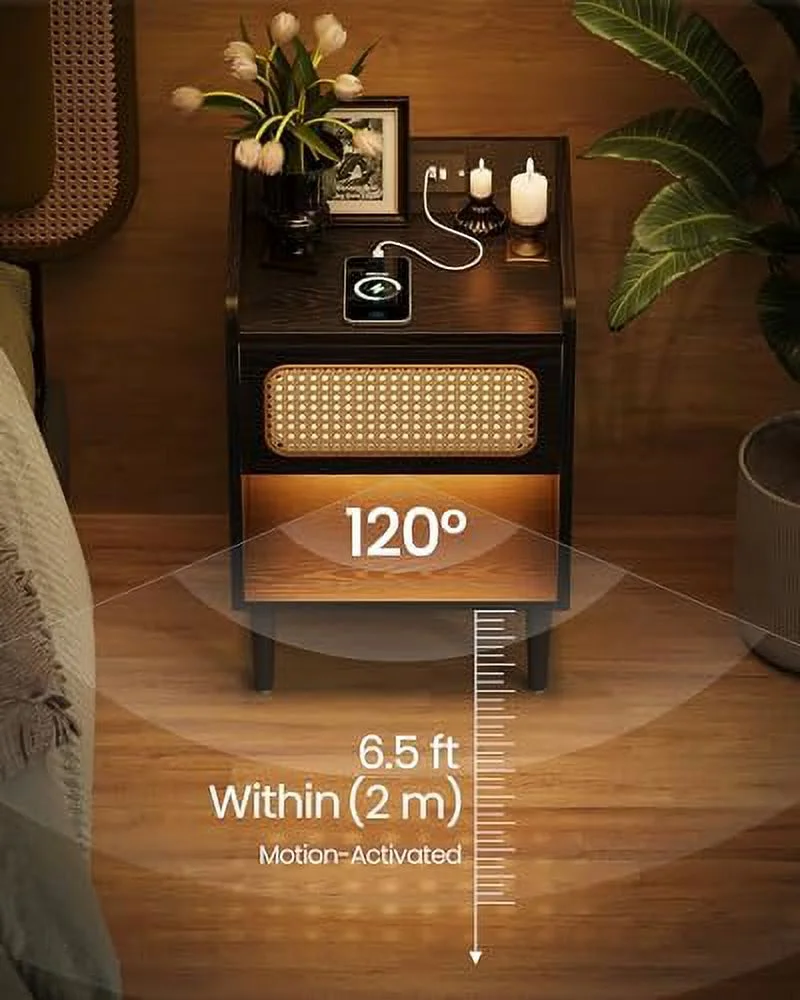 RUNFAYBIU BOHOVEN Collection - Nightstands with Charging Station    Bedside Tables with Motion Sensor Lights  Rattan-Like Side End Tables  Solid Wood Legs  for Bedroom   Style  Oak Beige