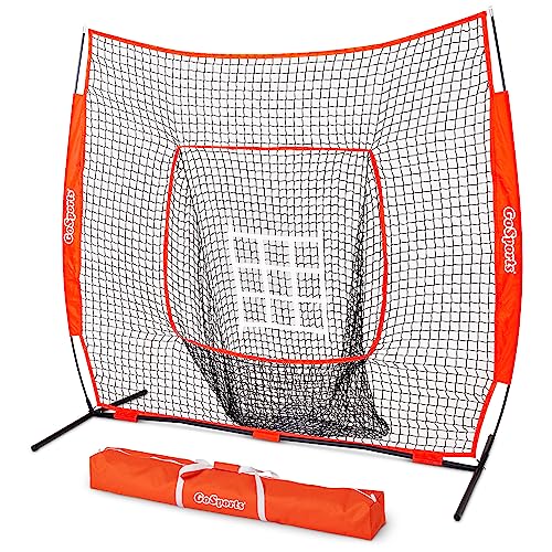 GoSports 7 ft x 7 ft Baseball & Softball Nets - Red, Black, or PRO -Practice Hitting & Pitching Net with Bow Type Frame, Carry Bag and Strike Zone, Great for All Skill Levels