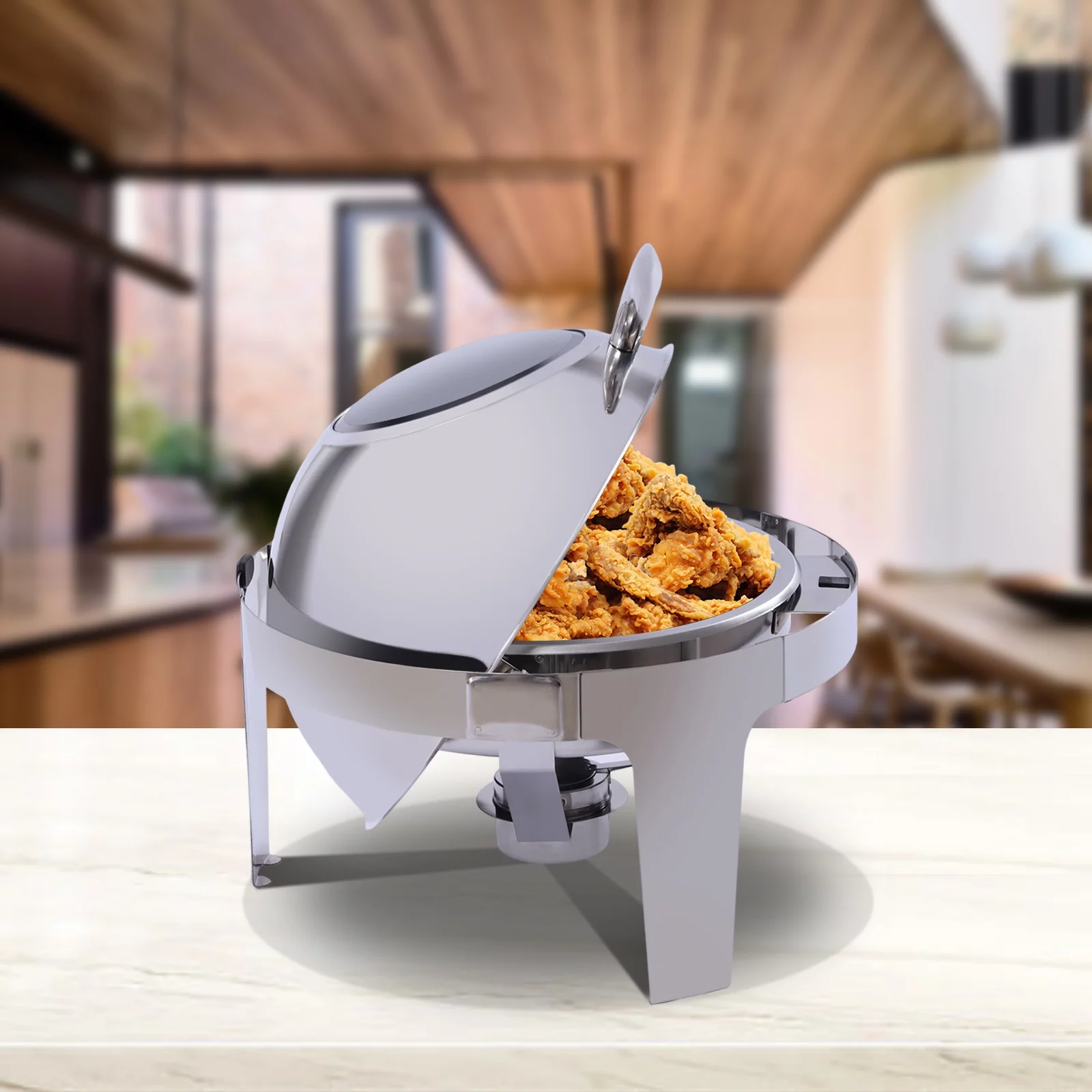 Loyalheartdy Dish Buffet Warmer 6L Round Roll Top Chafing Dish Heater with Glass Lid Electric & Alcohol Heating for Home, Canteen