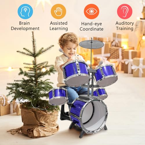 Kids Drum Set 5 Piece Toddlers Jazz Drum Kit with Stool Musical Instrument Toys for 3 4 5 6 7 Year Old Boys Girls Birthday Gift