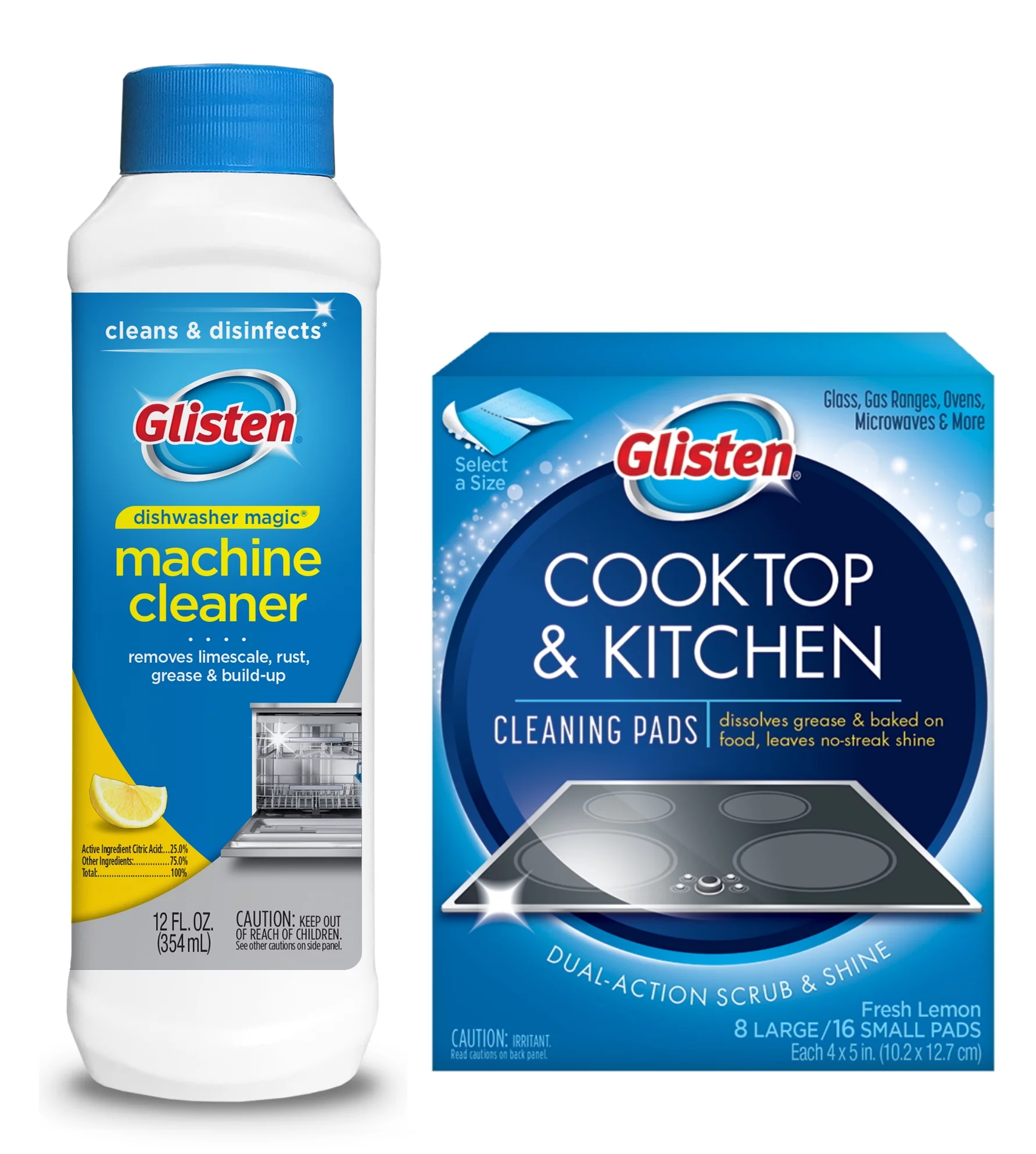 Glisten Dishwasher Magic Machine Cleaner & Disinfectant and Cooktop & Kitchen Cleaning Pads