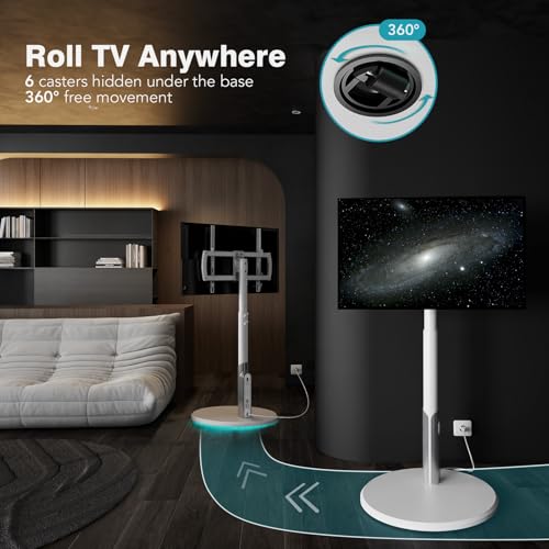 Floor Mobile TV Stand with Power Outlet, Rolling TV Cart for 27-65 Inch OLED LED Monitors, 6 Levels of Height Adjustment, Ambient Lighting on The Bottom Wheels Holds up to 88lbs, 400x400mm