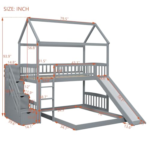 Twin Over Full House Bunk Bed with Stairs and Slide, Modern Bunk Bed Frame with Full-Length & Guard Rail, No Box Spring Needed, Gray
