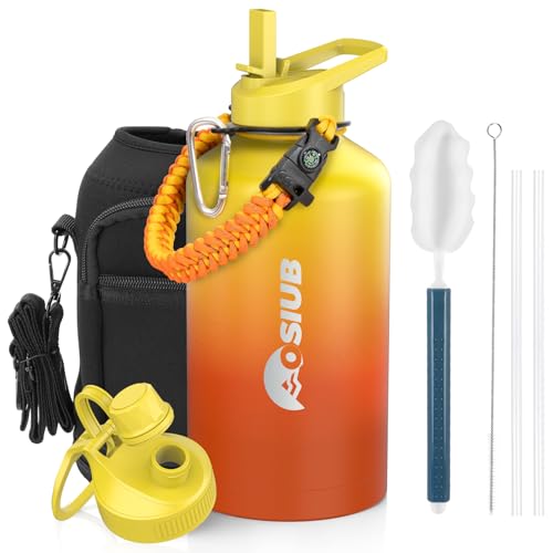 Insulated Water Bottle 64 oz, Triple Wall Vacuum Stainless Steel(Cold for 48 Hrs),Leak Proof & BPA-Free,Half Gallon Water Bottle with Reflective Paracord & Flip Straw for Sports & Travel, Black