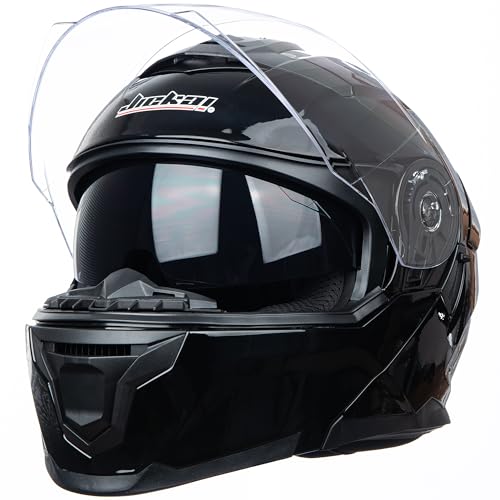 Full Face Motorcycle Helmet Dual Visor Sun Shield Flip up Modular Motocross DOT Approved Helmets (Gloss Blacks, M)