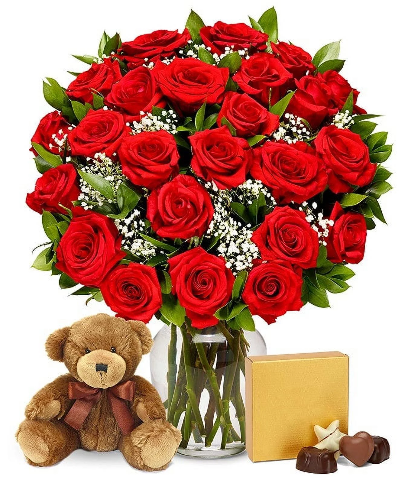 From You Flowers - Two Dozen Premium Long Stem Red Roses with Chocolates & Bear (Fresh Flowers)