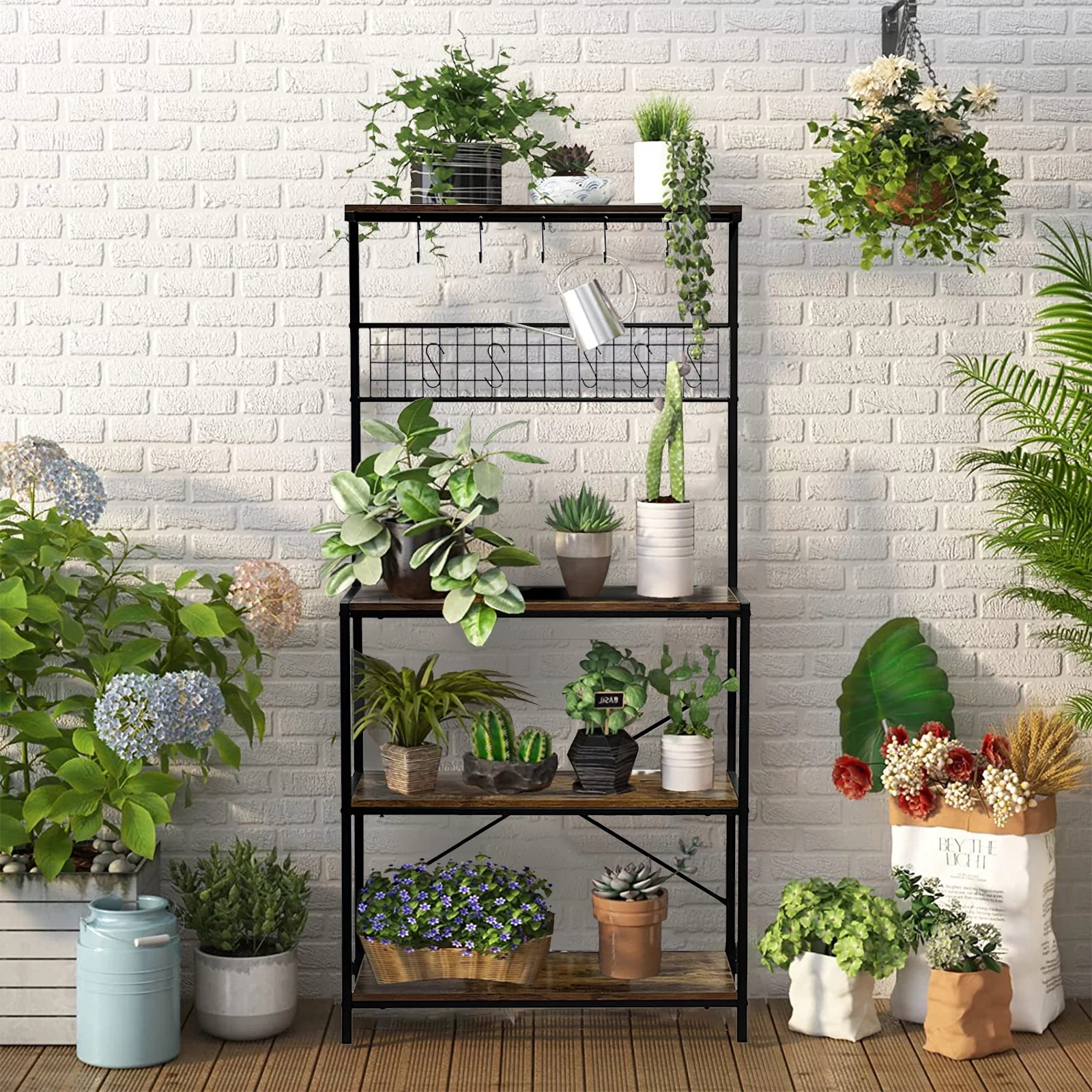 Vebreda Baker's Rack, Industrial Kitchen Island with Hooks Microwave Stand Adult