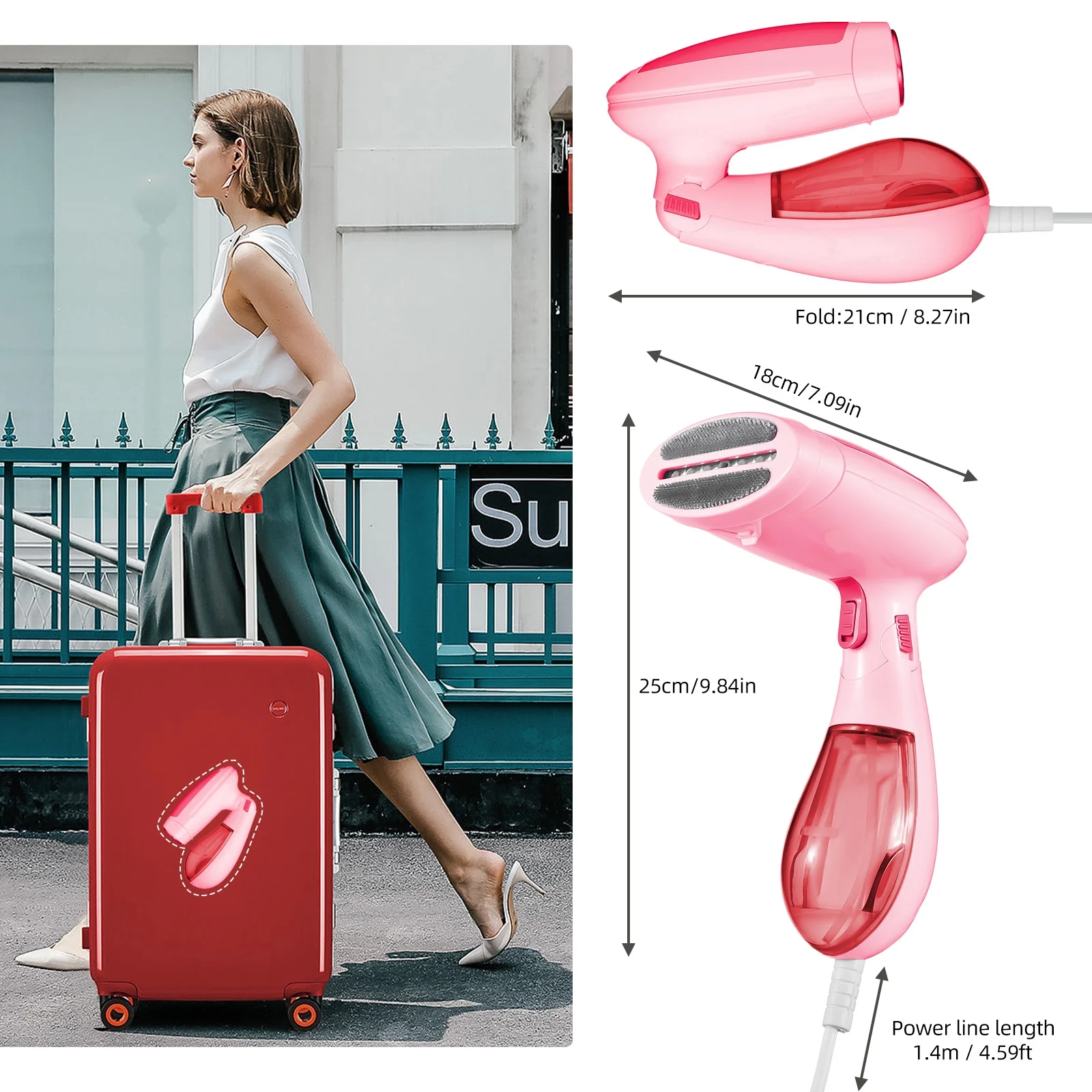 Walmeck Travel Steamer Handheld Clothes Wrinkles Remover 1300W Foldable Portable Fabric Steamer with Brush - 2-Second Fast Heat