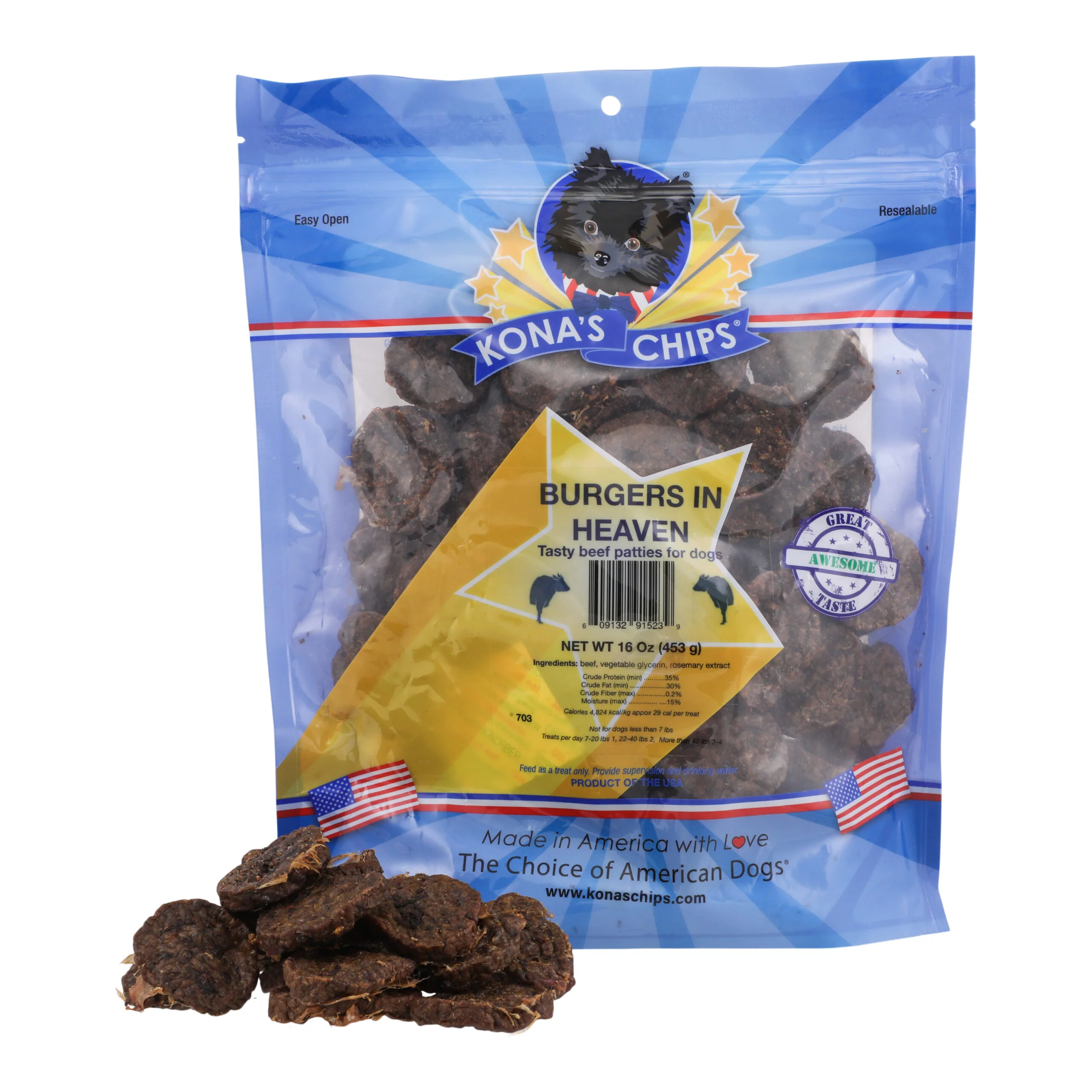 KONA'S CHIPS Burgers in Heaven - Tasty Beef Treat Patties for Dogs 16 Oz