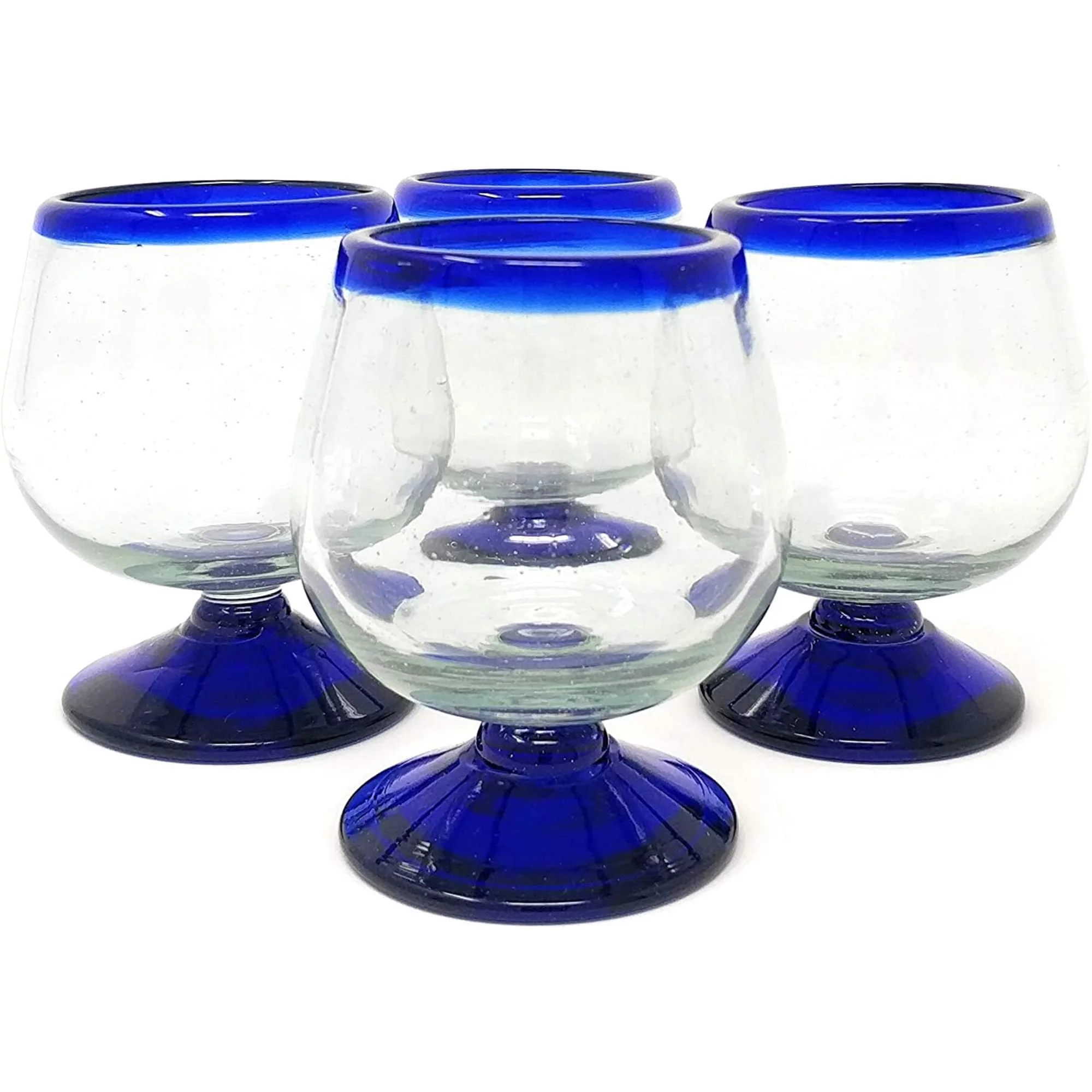 Hand Blown Cognac Glasses – Set of 4 Snifter Glasses with Cobalt Blue Rims