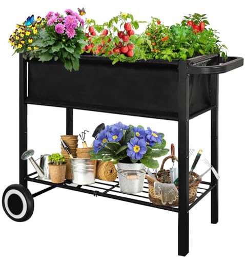 Raised Garden Bed with Legs for Outdoor Plants, Standing Elevated Planter Box Cart on Wheels for Vegetables Flower Herb Patio, Black