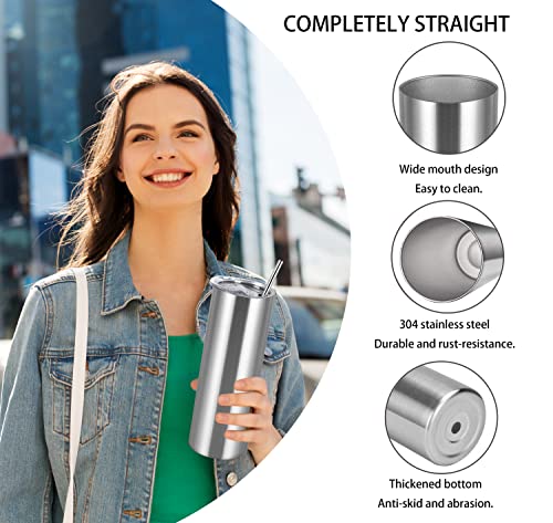 20 Oz Stainless Steel Straight Skinny Tumbler Set (8 Pack), Insulated Slim Thin Travel Cup with Lid, Black
