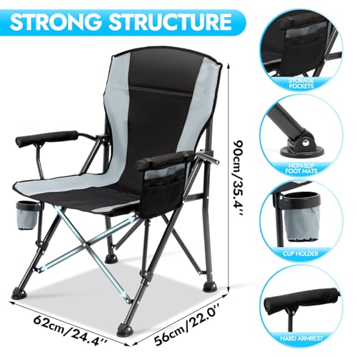 2 Pack Oversized Folding Camping Chair for Adults, Supports 450 LBS Camping Chairs, Heavy Duty Camping Chair with Side Pockets, Foldable Outdoor Chair for Camping, Beach, Fishing, Hiking, Black-Gray