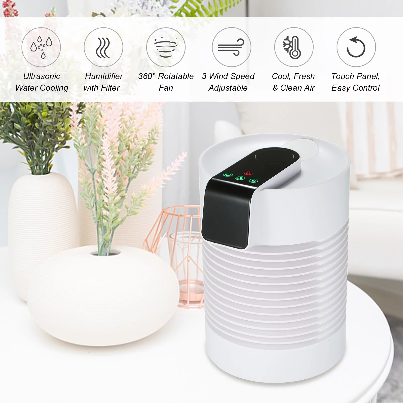 Anself Personal Air Cooler with Touch Control 360-degree Rotatable Personal Desk Mini Air Conditioner Humidifier Desktop Air Cooler