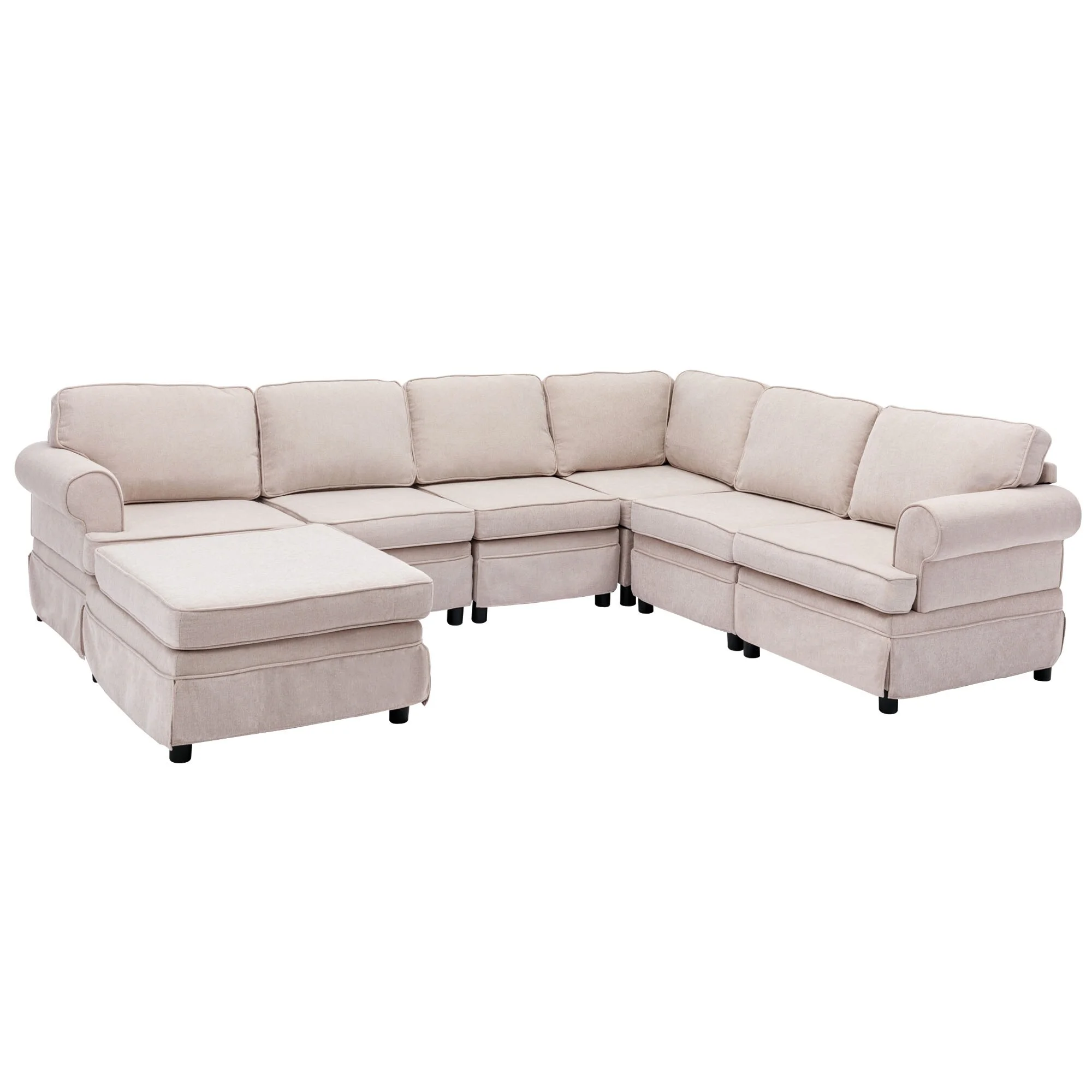 U Shape Fabric Sectional Sofa, Upholstered Modular Customization Sectional Couch w/Removable Ottoman for Living Room, Beige