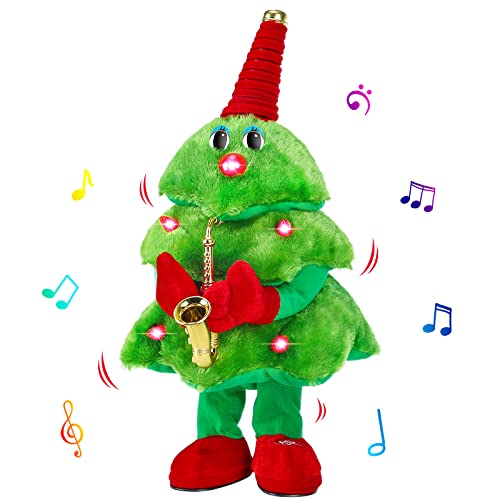 Singing Dancing Christmas Tree Plush Toys with Lights & 8 Music Christmas Carols for Saxophone & Repeat What You Say Christmas Tree Decor Table Party Toy Gifts for Family Friends Kids Boys Girls