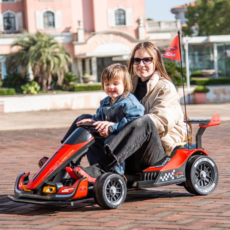 UNICOO® DriftChaser™ Childrens Go Kart, 24V Rechargeable Ride-On Toy, Electric Scooter for Kids 6-12+, Electric Car for Kids, LED Lights, Remote Control, Adjustable Seat, Bluetooth (Flame Red)