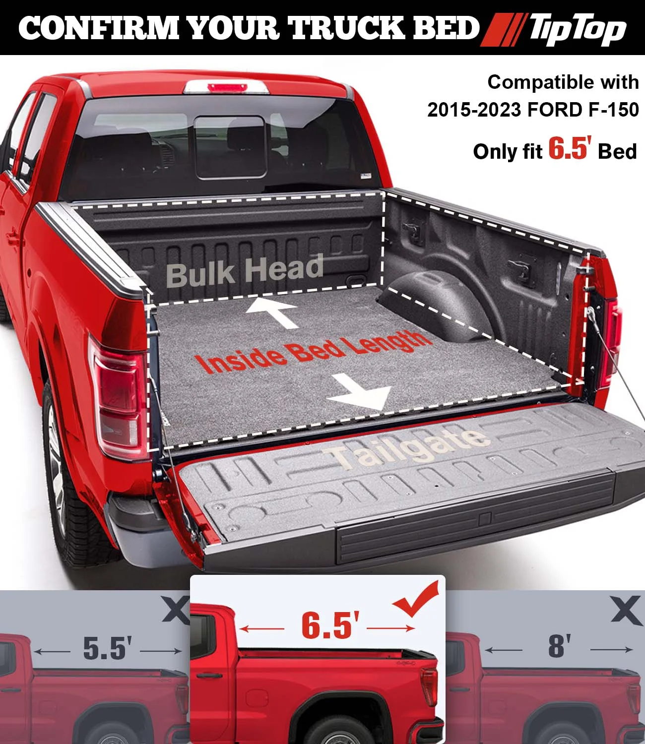 TIPTOP Tri-Fold Hard Tonneau Cover Truck Bed FRP On Top For 2015-2023 F150 6.5ft Bed (78.9