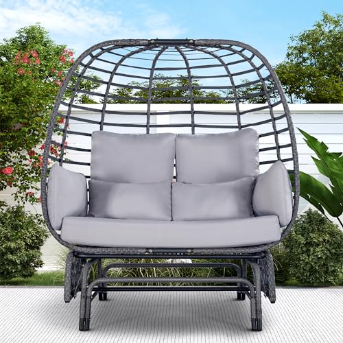 Outdoor Double Egg Chair Patio Chairs - 500lbs Capacity for 2 Person, Oversized Wicker Rocking Glider Chair with Steel Stand, Hand-Woven Lounge Chair Nest Loveseat for Indoor, Porch, Backyard, Balcony