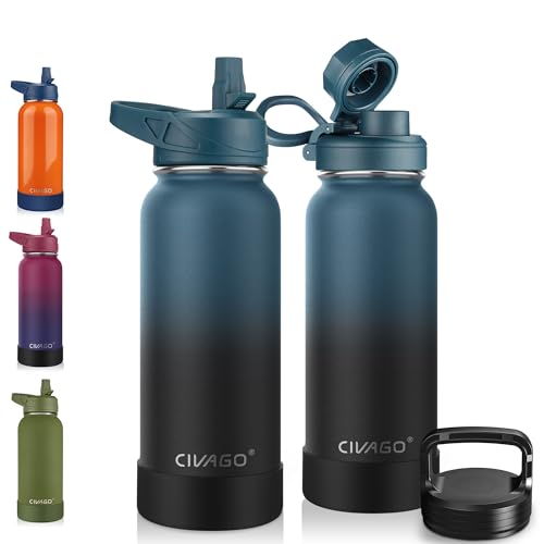 CIVAGO 32 oz Insulated Water Bottle With Straw, Stainless Steel Sports Water Cup Flask with 3 Lids (Straw, Spout and Handle Lid), Wide Mouth Travel Thermal Mug, Navy Blue