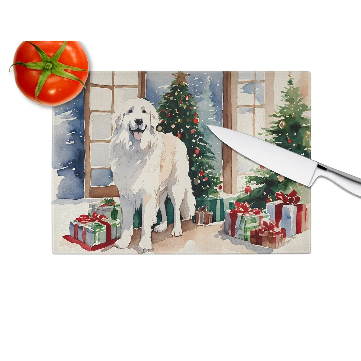 Great Pyrenees Cozy Christmas Glass Cutting Board Large 12 in x 15 in