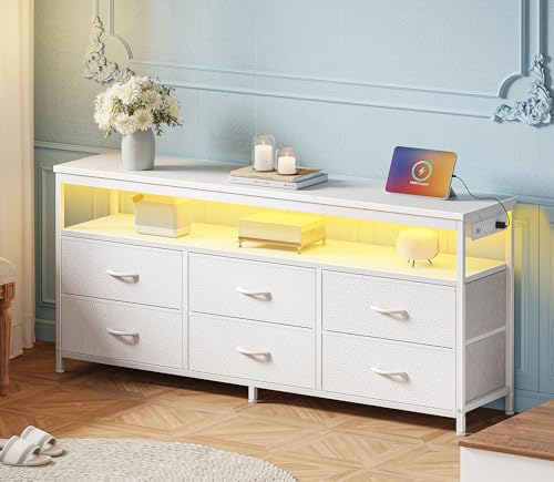 Huuger LED TV Stand for Bedroom, 47 Inch Dresser TV Stand for 43, 50, 55 Inch TV, Black TV Stand with Storage, Entertainment Center with Power Outlets, 6 Drawer Fabric Dresser for Living Room