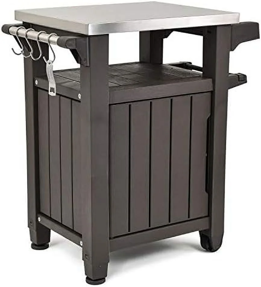 CCBIUOMBO Unity 40 Gallon Portable Outdoor Backyard Patio Grilling  Cart with Stainless Steel Tabletop  Hooks  and  Cabinet  Gray