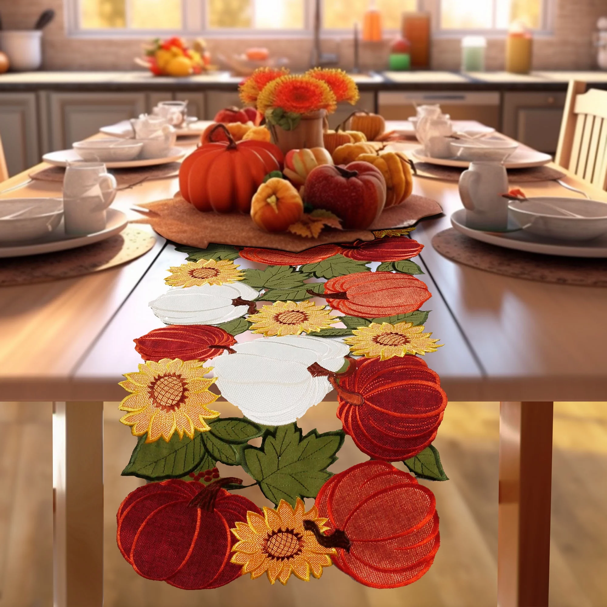 OVZME Thanksgiving Embroidered Table Runner,Cutwork with Applique Extra Long Table Runners,Emboridery Fall Kitchen Decor Harvest Autumn Pumpkin for Holiday Dinner&Party Centerpiece Decoration,13